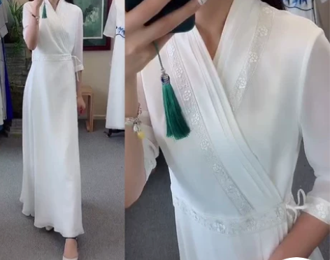 抖音同款中国风茶服女收腰白色汉服改良禅服仙...