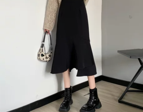 黑色不规则鱼尾裙女2021新款小个子气质高...
