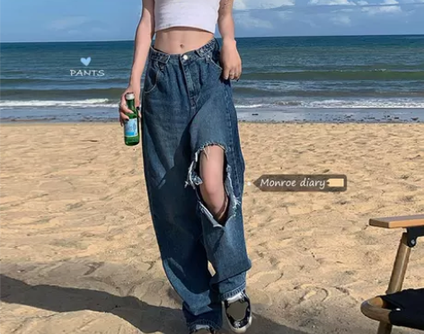 破洞牛仔裤女夏季设计感小众辣妹高腰宽松直筒...