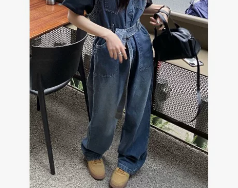 工装牛仔裤女春秋新款高腰绑带宽松背心连体裤...