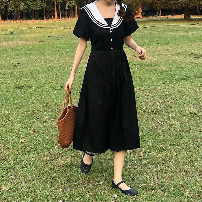 黑色海军服长裙M码，样式如图