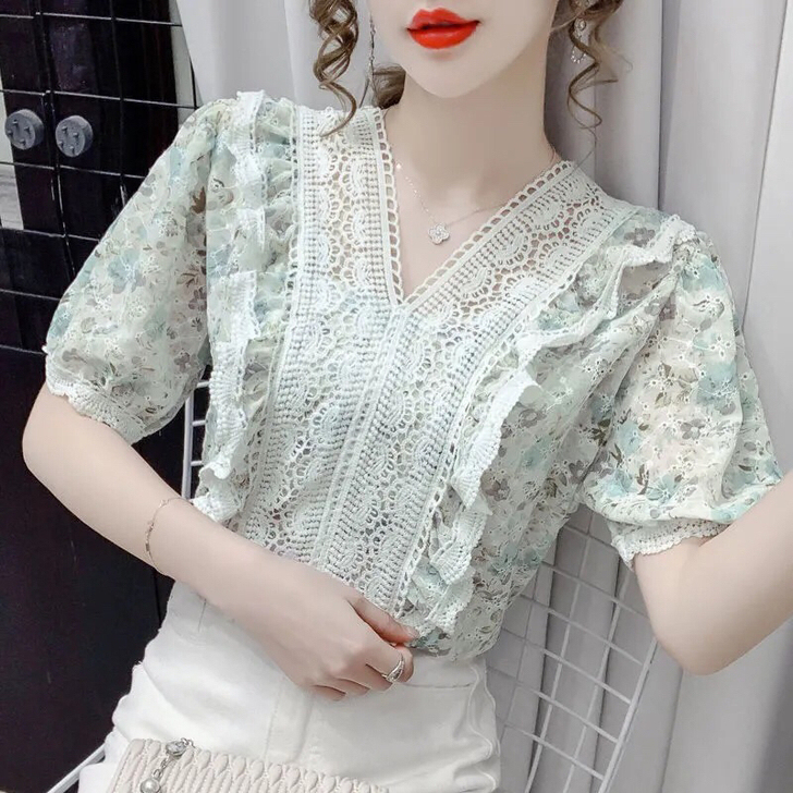 2021新款蕾丝花边夏季拼接雪纺衫女复古洋...