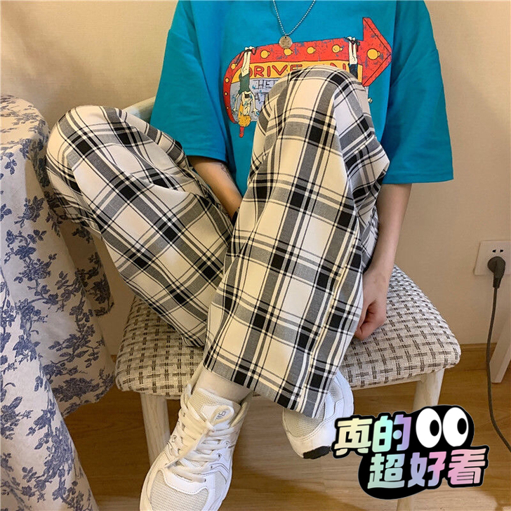 格子裤女秋夏韩版ins复古少女休闲裤高腰宽...