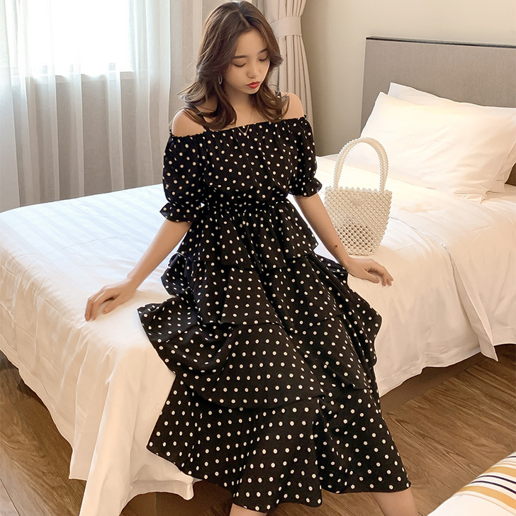 女装夏装波点一字肩连衣裙