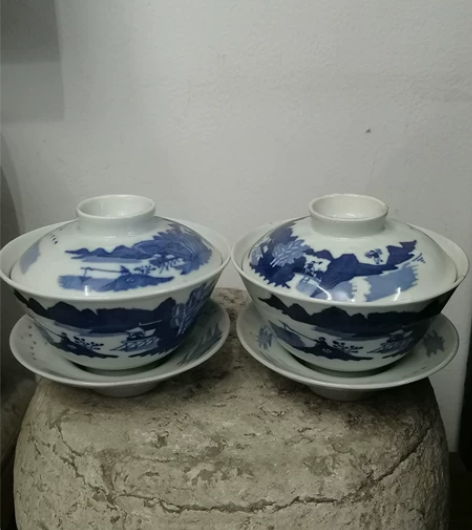 60年代手绘山水青花盖碗，老柴窑，画工清晰...