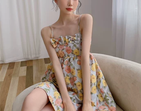 小个子气质吊带提花蓬蓬裙女蝴蝶结荷叶边短款...