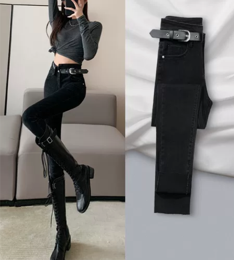 牛仔裤女2022年秋冬新款高高腰小脚牛仔裤...