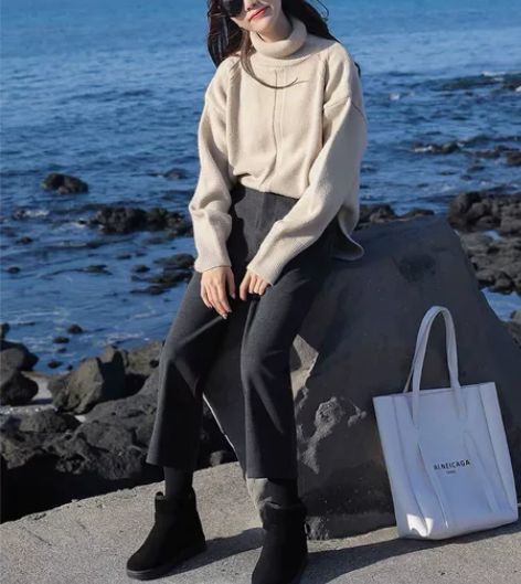 毛呢阔腿裤女春秋高腰垂感宽松直筒灰色九分小...