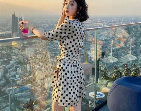 波点高腰连体裤女装2021春新款轻熟风小个...