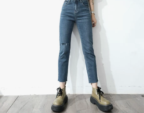 夏天薄款修身冰氧吧牛仔裤女2021新款深蓝...