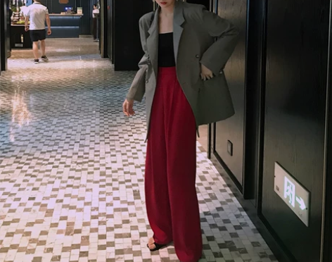 KELIFAN 复古红色西裤女2019新款...