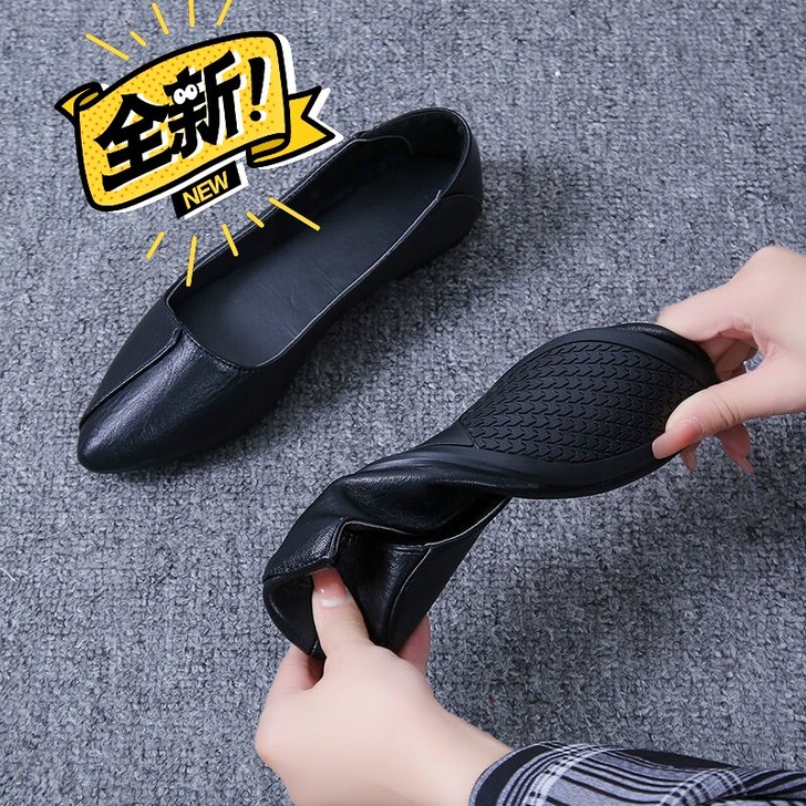 工作鞋女黑色平底皮鞋空姐酒店上班鞋软皮软底...