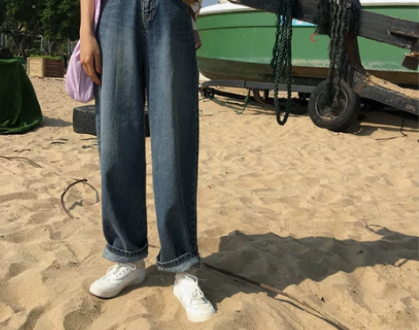 馨帮帮 自制复古牛仔裤春季新款高腰宽松阔腿...