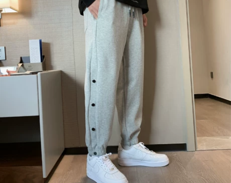 排扣裤子男秋季潮流ins灰色百搭休闲长裤宽...