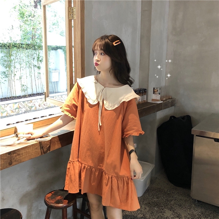（可交换）全新均码宽松亚麻娃娃领短袖连衣裙