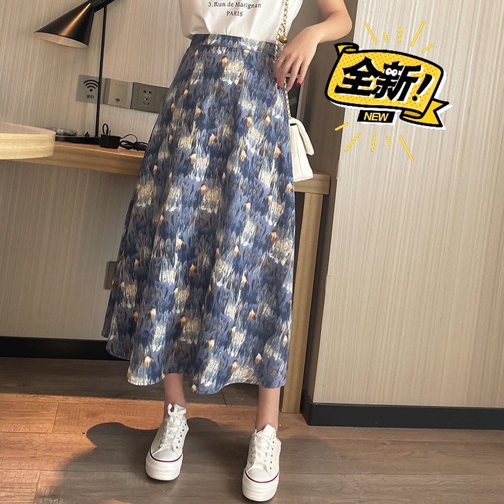 油画风碎花半身裙女夏季中长款高腰显瘦小个子...