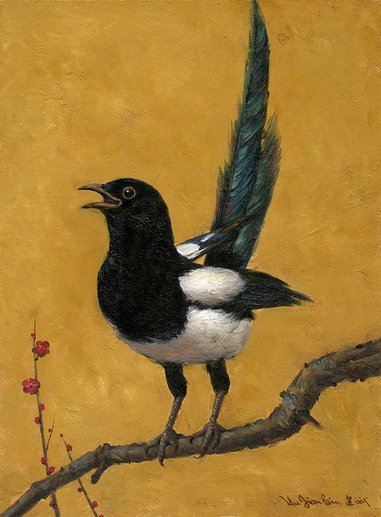 油画作品:喜鹊 . 微喷油画作品 尺寸8...
