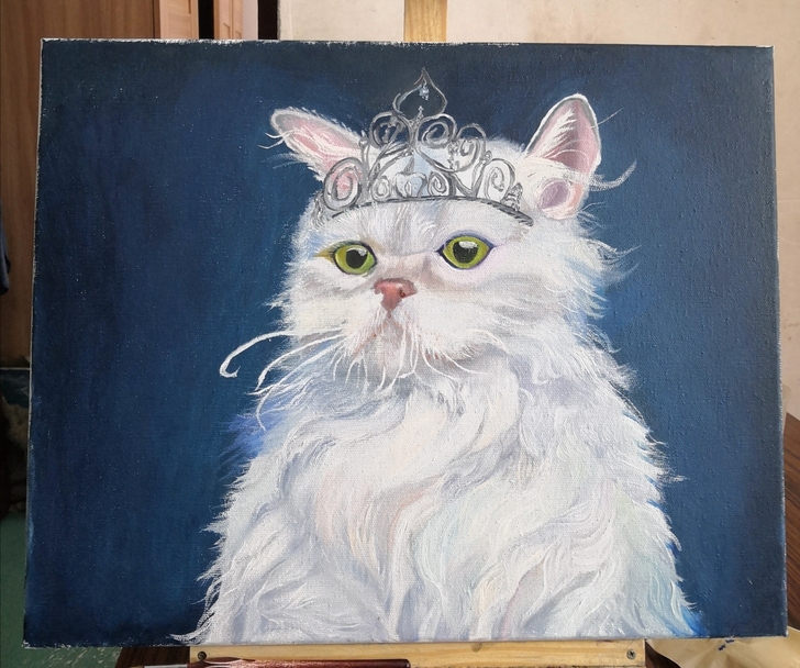 布面油画作品戴皇冠的猫，40*50cm装饰...