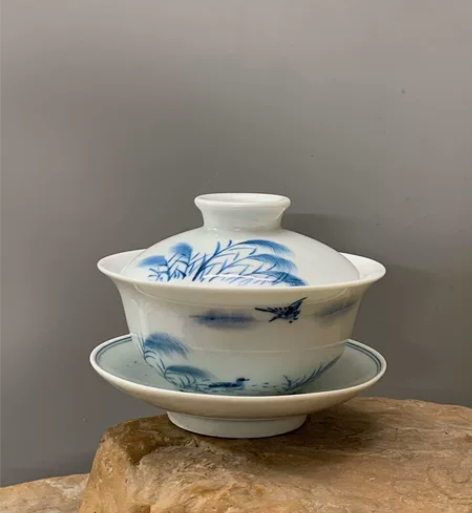 《野趣》茗陶坊青花老盖碗,釉下彩纯手工彩绘...