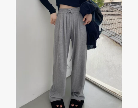 灰白色阔腿运动裤子女春秋冬新款绑带高腰垂感...
