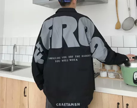 潮牌工装长袖衬衫男士港风ins韩版后背印花...