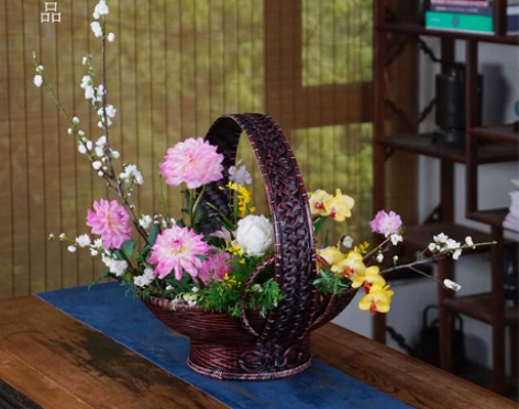 中华花艺复古竹编花篮花器禅意中式插花器皿