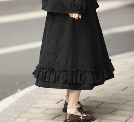 日系女装一咫鹿 vintage黑色半身裙子...