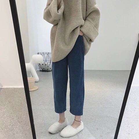 秋冬大码灯芯绒裤子女学生宽松大码加绒显瘦九...