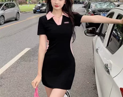 撞色polo连衣裙女夏季2022款胖MM收...