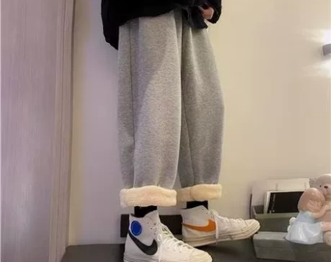 羊羔毛卫裤男冬季加绒加厚直筒裤子秋冬ins...