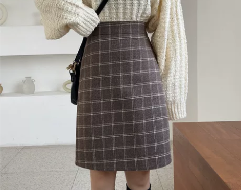 格子半身裙秋冬学生裙女包臀中长裙特大码羊毛...