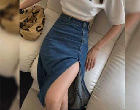 复古港风开叉牛仔半身裙女夏季薄款中长款高腰...