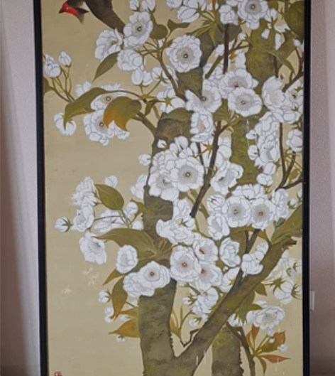 手绘仿工笔画的大幅布面油画。尺寸1米*2米...