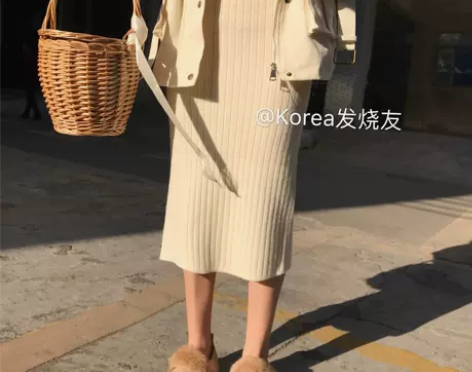 针织一步裙女秋冬半身裙长裙中长款厚毛线裙百...