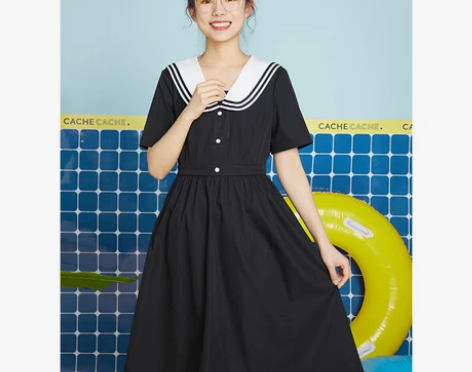CacheCache连衣裙女夏季海军领高腰...