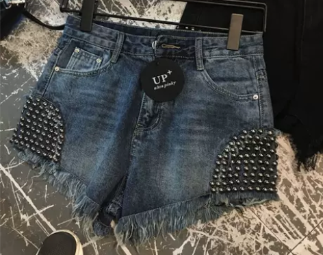 【春夏现货】欧货家福利重工铆钉短牛仔裤 感...