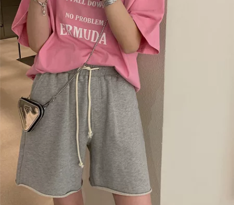 阿一 卷边休闲短裤女宽松夏季薄款新款灰色阔...
