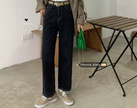 黑色高腰显瘦复古牛仔裤2021春秋新款女宽...