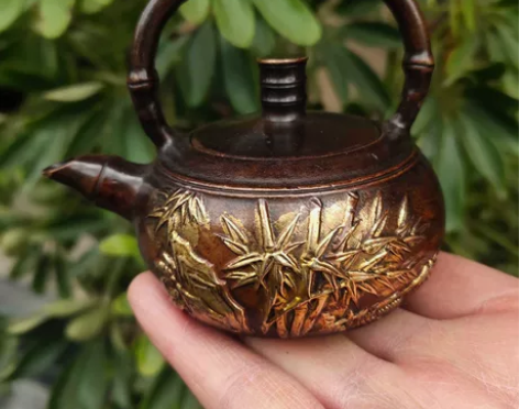 古玩铜器收藏纯铜鎏金竹节提梁酒壶茶壶家居酒...