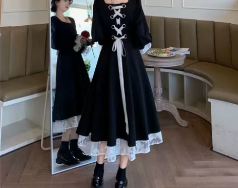 法式赫本风气质小黑裙子秋冬收腰显瘦遮肚蕾丝...