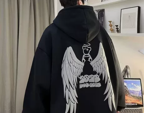 欧美街头天使翅膀连帽加绒卫衣男秋冬季潮牌i...