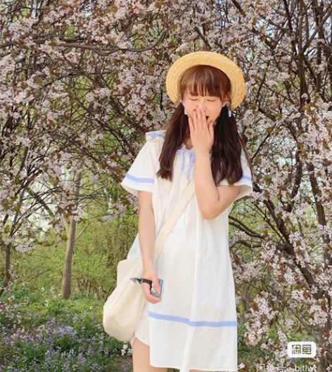 不造自制可爱少女日系学院风海军领纯棉连衣裙...