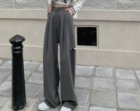 大码西装阔腿裤女夏季胖MM破洞裤子垂感休闲...