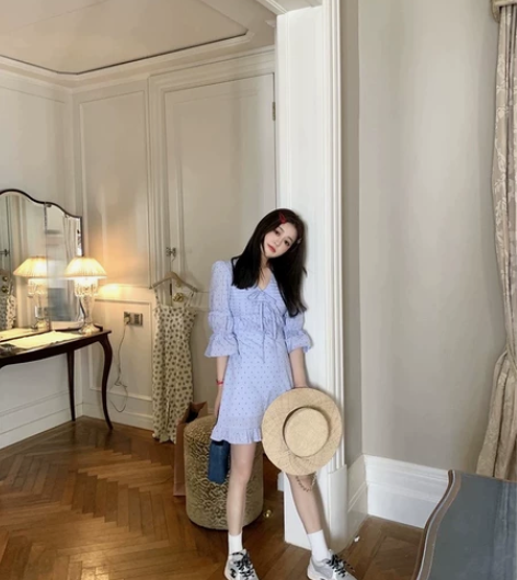 夏季新款法式甜美初恋温柔风仙女泡泡袖蝴蝶结...