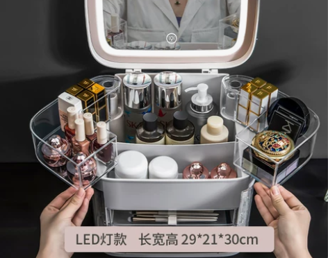 网红化妆品收纳盒带灯镜子首饰一体大容量防尘...