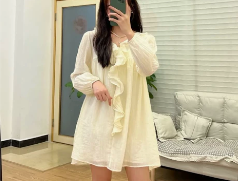 荷叶边长袖连衣裙2022夏早秋新款复古设计...