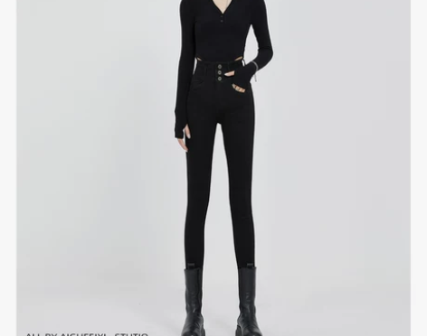 黑色弹力收腹高腰牛仔裤女2022秋冬新款加...