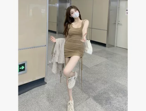 纯欲甜辣抽绳背心连衣裙女装夏季新款辣妹紧身...