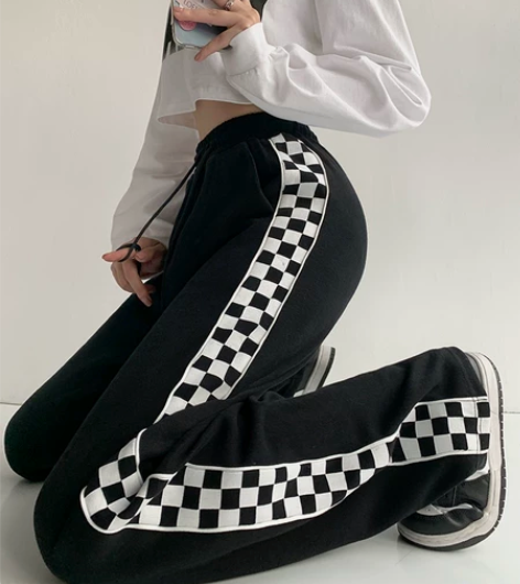 棋盘格子运动裤女宽松直筒春秋卫裤高腰秋冬加...