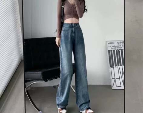 复古直筒牛仔裤女高腰宽松春秋季阔腿垂感20...